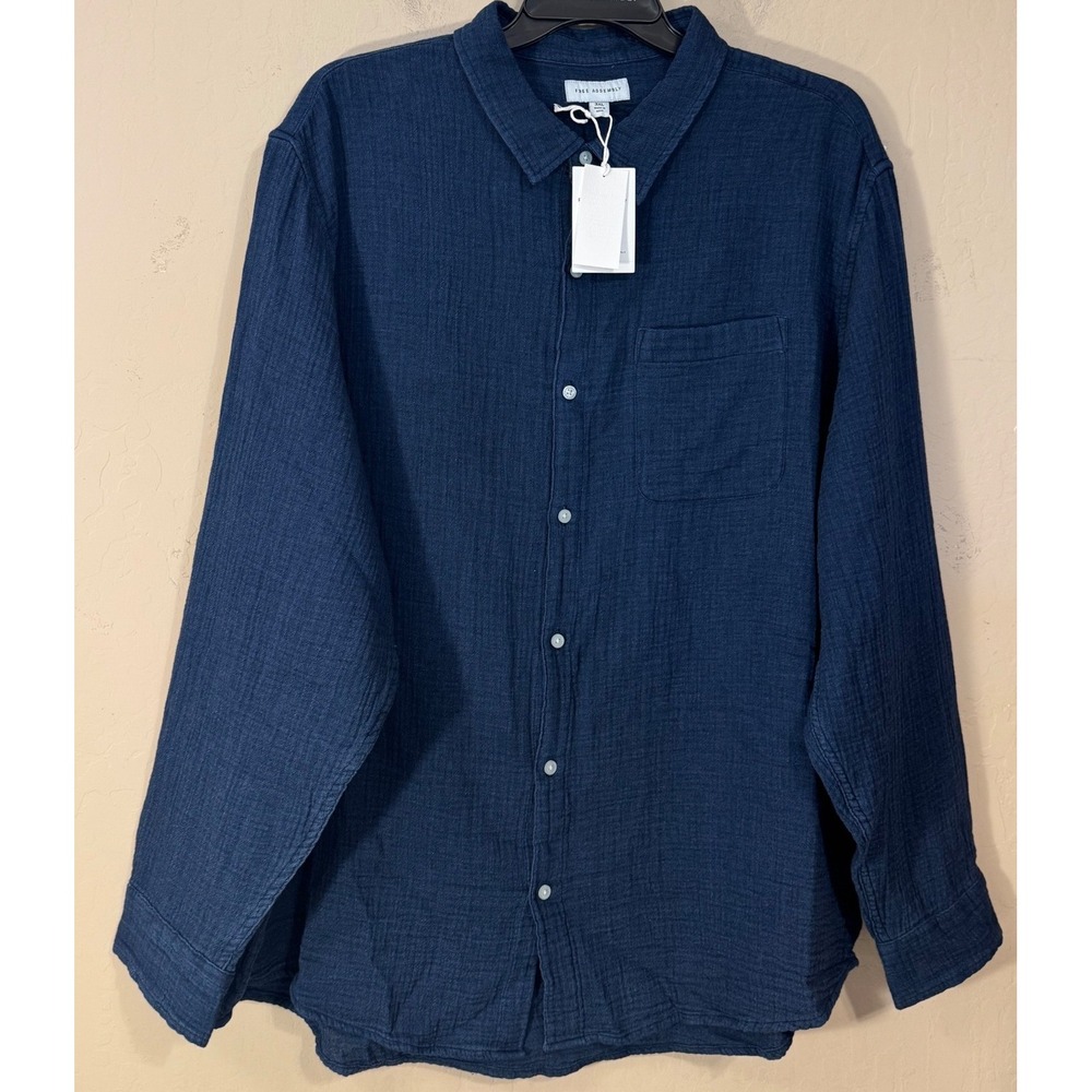 Free Assembly Button Shirt Men 3XL Dark Indigo Double Cloth Cotton LS Guaze NEW